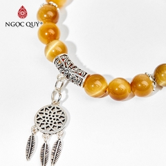 Vòng tay phong thủy đá mắt hổ vàng tâm phối charm dream catcher hạt 8mm