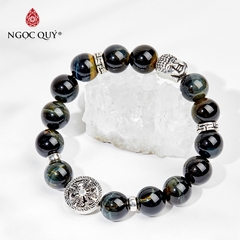 Vòng tay phong thủy đá mắt hổ xanh đen phối charm phật hạt 10mm