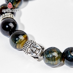 Vòng tay phong thủy đá mắt hổ xanh đen phối charm phật hạt 10mm