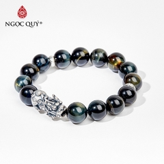 Vòng tay phong thủy đá mắt hổ xanh đen phối charm tỳ hưu bạc hạt 10mm