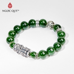 Vòng tay phong thủy đá ngọc bích phối charm tỳ hưu bạc hạt 10mm