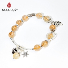 Vòng tay phong thủy đá thạch anh tóc vàng charm lá bạc hạt 8mm