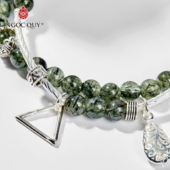 Vòng tay phong thủy 2 line đá thạch anh tóc xanh phối charm hoa hạt 5mm