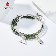 Vòng tay phong thủy 2 line đá thạch anh tóc xanh phối charm hoa hạt 5mm