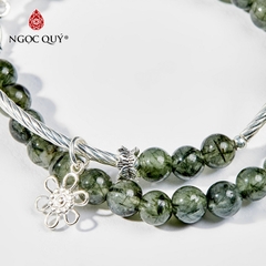 Vòng tay phong thủy 2 line đá thạch anh tóc xanh phối charm hoa hạt 5mm