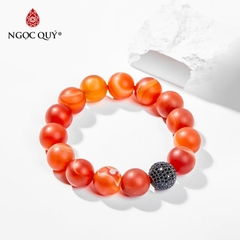 Vòng tay phong thủy đá mã não đỏ nhám charm cầu đính đá hạt 14mm