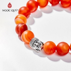 Vòng tay phong thủy đá mã não đỏ nhám charm phật bạc hạt 10mm