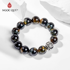 Vòng tay phong thủy nam đá mắt hổ xanh đen phối charm bạc hạt 16mm