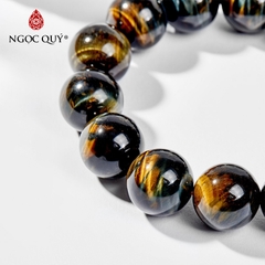 Vòng tay phong thủy nam đá mắt hổ xanh đen phối charm bạc hạt 16mm