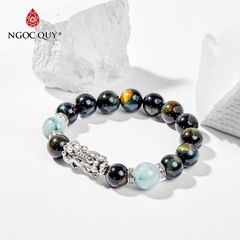 Vòng tay phong thủy đá mắt hổ xanh đen mix cẩm thạch phỉ thúy phối charm tỳ hưu hạt 12mm