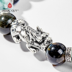 Vòng tay phong thủy đá mắt hổ xanh đen mix cẩm thạch phỉ thúy phối charm tỳ hưu hạt 12mm