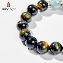 Vòng tay phong thủy đá mắt hổ xanh đen mix cẩm thạch phỉ thúy phối charm tỳ hưu hạt 12mm