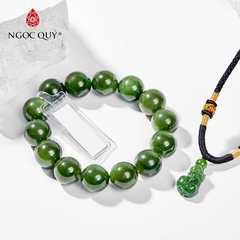 Vòng tay phong thủy nam đá ngọc bích hạt 15mm (tặng dây chuyền tỳ hưu)