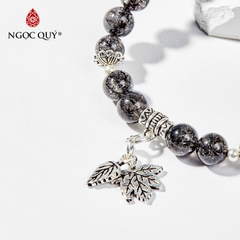 Vòng tay phong thủy đá thạch anh tóc đen charm lá hạt 6mm