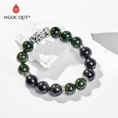 Vòng tay phong thủy đá thạch anh tóc xanh charm tỳ hưu hạt 12mm