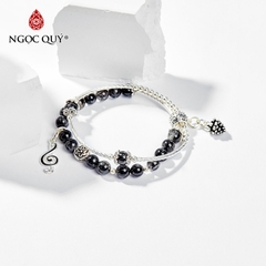 Vòng tay phong thủy 2 line đá thạch anh tóc đen charm trái thông hạt 6mm