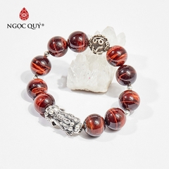 Vòng tay phong thủy đá mắt hổ nâu đỏ phối charm tỳ hưu hạt 14mm