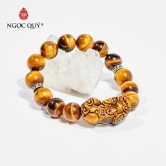 Vòng tay phong thủy đá mắt hổ vàng nâu phối charm tỳ hưu
