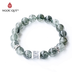 Vòng thạch anh tóc xanh phối charm lục tự bạc
