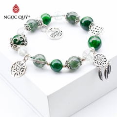 Vòng đá thạch anh tóc xanh phối diopside charm bạc