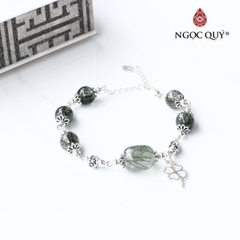 Vòng tay lu thống đá thạch anh tóc phối charm bạc cỏ 4 lá