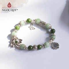Vòng tay phong thủy đá cẩm thạch phỉ thúy phối diopside charm hoa bạc hạt 8mm hợp mệnh hỏa, mộc