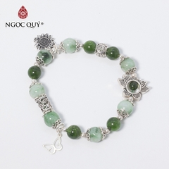 Vòng tay phong thủy đá cẩm thạch phỉ thúy phối diopside charm hoa bạc hạt 8mm hợp mệnh hỏa, mộc
