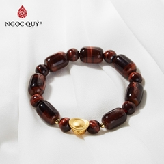 Vòng tay phong thủy đá mắt hổ nâu đỏ phối thỏi vàng hạt 10mm