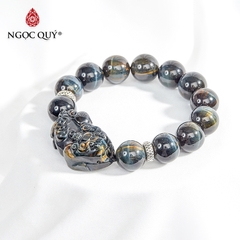 Vòng tay phong thủy đá mắt hổ xanh đen phối tỳ hưu hạt 14mm