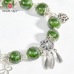 Vòng tay phong thủy đá diopside phối charm trái tim bạc hạt 9mm hợp mệnh hỏa, mộc