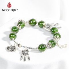 Vòng tay phong thủy đá diopside phối charm trái tim bạc hạt 9mm hợp mệnh hỏa, mộc
