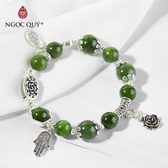 Vòng tay phong thủy đá ngọc bích phối charm giọt nước bạc hạt 10mm