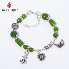 Vòng tay phong thủy đá ngọc bích phối charm hồ ly bạc hạt 7mm