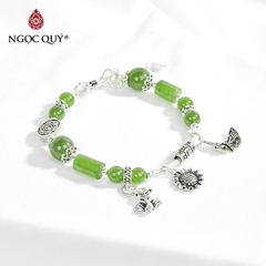 Vòng tay phong thủy đá ngọc bích phối charm hồ ly bạc hạt 7mm