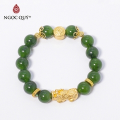 Vòng tay phong thủy đá ngọc bích phối tỳ hưu bạc mạ vàng hạt 10mm