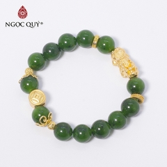 Vòng tay phong thủy đá ngọc bích phối tỳ hưu bạc mạ vàng hạt 10mm