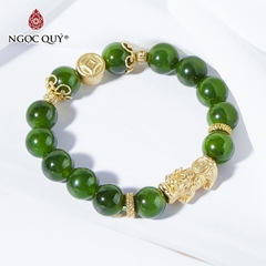 Vòng tay phong thủy đá ngọc bích phối tỳ hưu bạc mạ vàng hạt 10mm