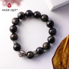 Vòng tay đá mắt hổ xanh đen phối charm bạc hạt 12mm