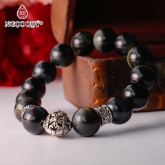 Vòng tay đá mắt hổ xanh đen phối charm bạc hạt 12mm
