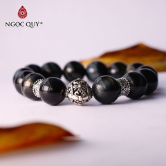 Vòng tay đá mắt hổ xanh đen phối charm bạc hạt 12mm
