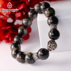Vòng tay đá mắt hổ xanh đen phối charm bạc hạt 12mm