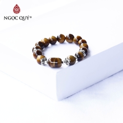 Vòng tay thạch anh mắt hổ vàng nâu lu thống phối charm bạc hạt 10mm