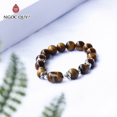 Vòng tay thạch anh mắt hổ vàng nâu lu thống phối charm bạc hạt 10mm