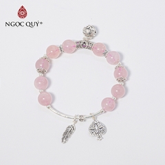 Vòng tay phong thủy đá thạch anh hồng phối charm chuông bạc hạt 10mm