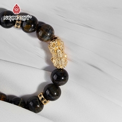 Vòng tay phong thủy đá mắt hổ xanh đen phối tỳ hưu bạc mạ vàng 24k hạt 12mm