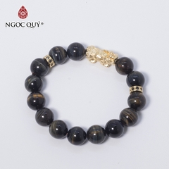 Vòng tay phong thủy đá mắt hổ xanh đen phối tỳ hưu bạc mạ vàng 24k hạt 12mm