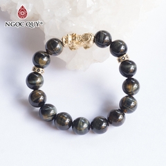 Vòng tay phong thủy đá mắt hổ xanh đen phối tỳ hưu bạc mạ vàng 24k hạt 12mm
