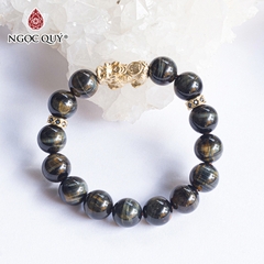 Vòng tay phong thủy đá mắt hổ xanh đen phối tỳ hưu bạc mạ vàng 24k hạt 12mm