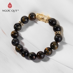 Vòng tay phong thủy đá mắt hổ xanh đen phối tỳ hưu bạc mạ vàng 24k hạt 12mm