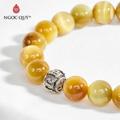 Vòng tay phong thủy đá mắt hổ vàng tâm phối charm lục tự hạt 8mm mệnh thổ, kim
